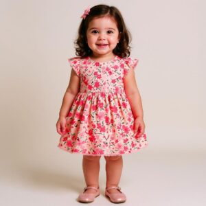 niña con modelo de lino floral en color rosa diferentes tonos