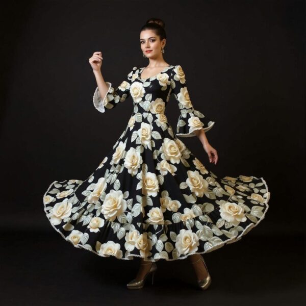 Bielástica Negro con rosas en blanco (Gabardina lycra) - Imagen 2